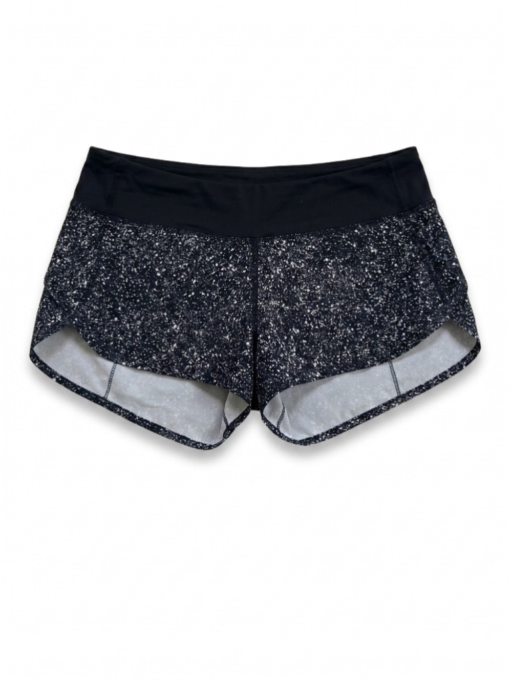 LULULEMON Run Times Mini Splatter White Black Shorts 3” Hi-Rise, Sz 6